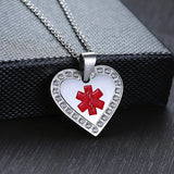 Medical Alert ID Heart Necklace Stainless Steel Reminder Jewelry