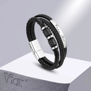 Custom Men's Leather Bracelet with Metal Tube Charm