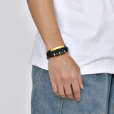 Custom Men's Leather Bracelet with Metal Tube Charm