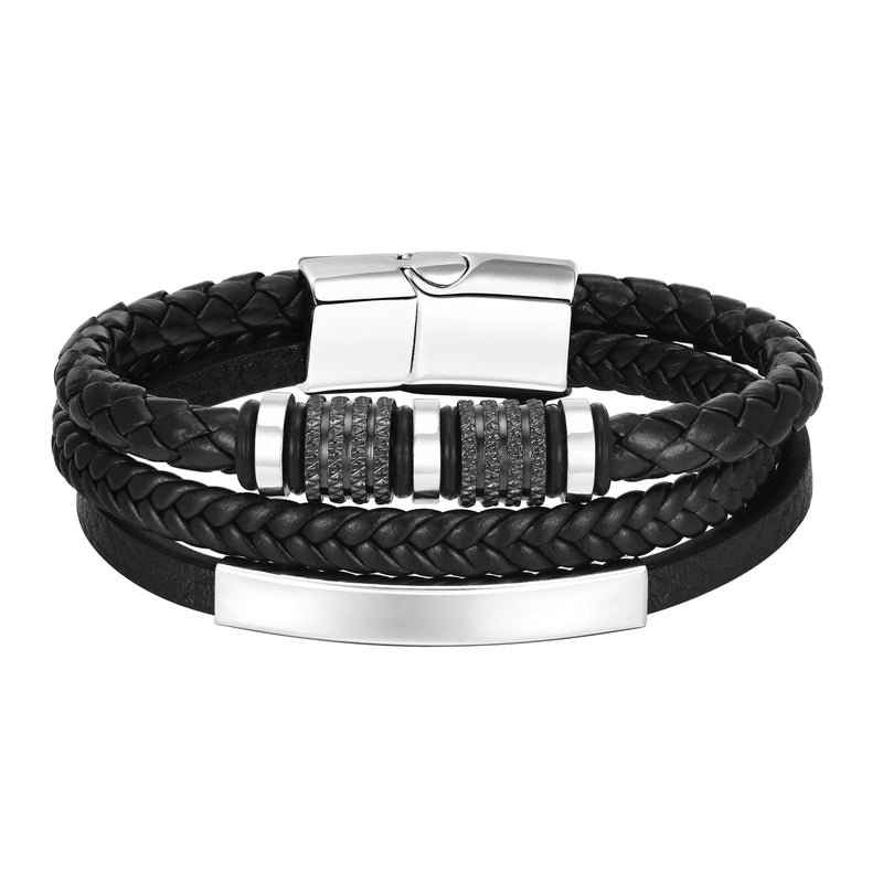 Custom Men's Leather Bracelet with Metal Tube Charm