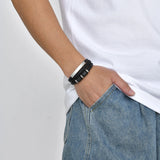 Custom Men's Leather Bracelet with Metal Tube Charm