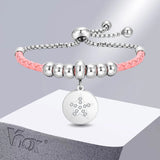 Pink Leather Rope Chain Bracelet for Women with Stainless Steel Beads Charm
