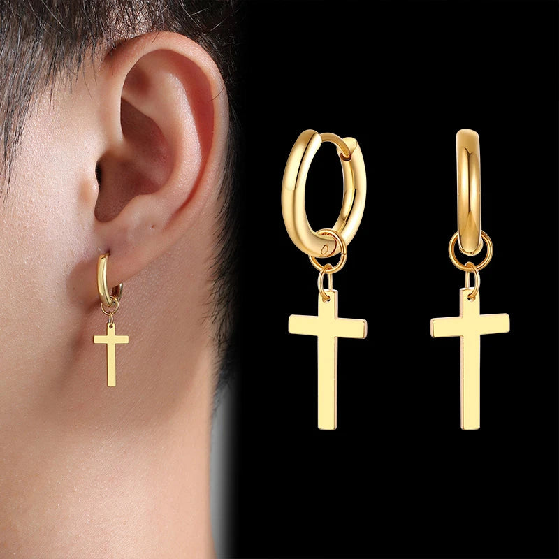 Cross Dangle Earrings Stainless Steel Minimalist Drop Small Hoop Ear Jewelry