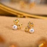 Simulated Pearl Bow Knot Stud Earrings for Women Girls