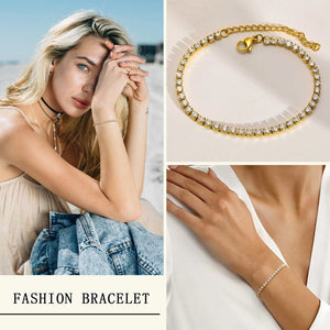 Sparkling CZ Chain Bracelet for Women, Stainless Steel Link, Adjustable