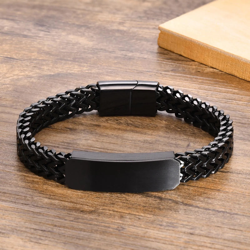 Mens Stainless Steel ID Bracelet, Double Franco Link Chains Armband