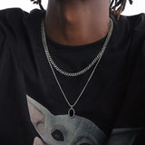 Mens Geometric Enamel Necklace, Stainless Steel Double Chain Collar