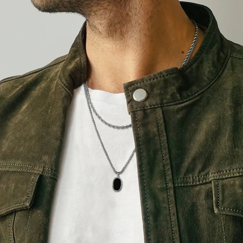 Mens Geometric Enamel Necklace, Stainless Steel Double Chain Collar