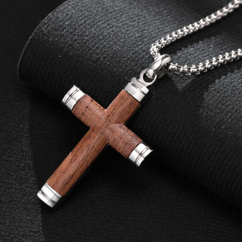Rosewood Cross Men Necklace, Punk Wooden Pendant