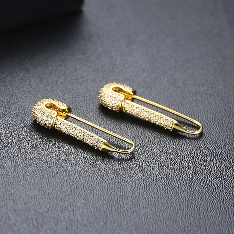 Temperament Safety Pin Earrings with Full CZ Stones