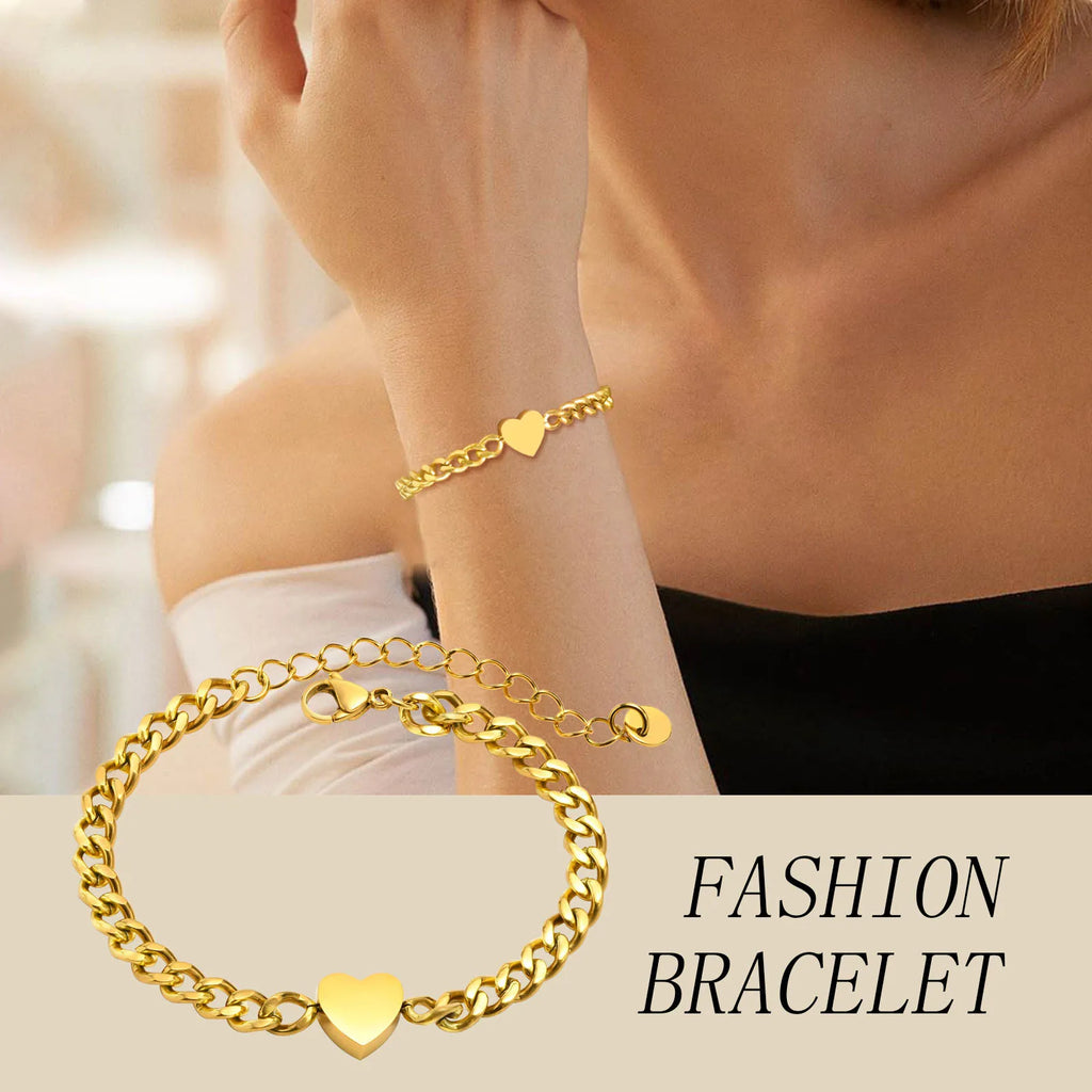 Miama Cuban Link Heart Bracelet, Stainless Steel Chain Wristband