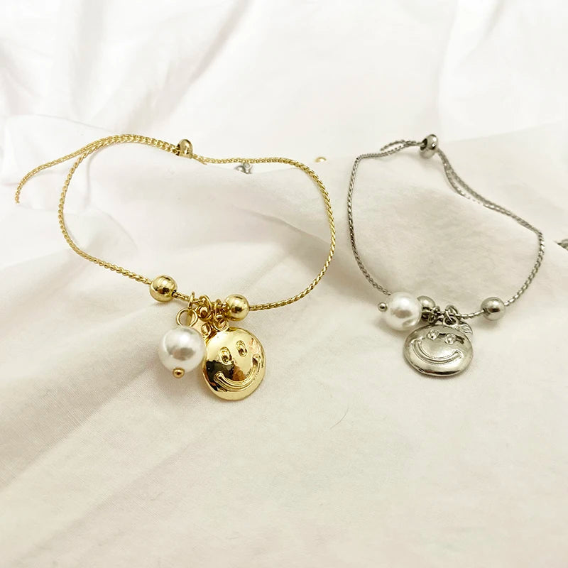 Pearl Smile Face Silver Charm Bracelet for Women