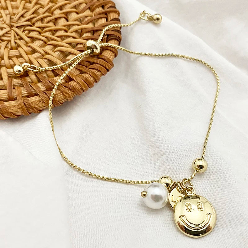 Pearl Smile Face Silver Charm Bracelet for Women