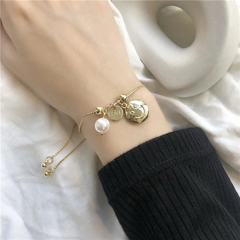Pearl Smile Face Silver Charm Bracelet for Women