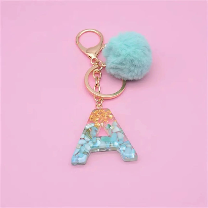 Voikukka 26 Resin Letters Pendant Plush Ball Keychain Bag Car Keyring