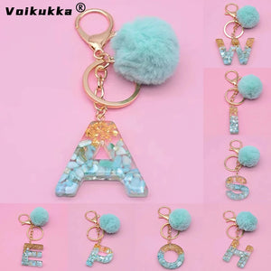 Voikukka 26 Resin Letters Pendant Plush Ball Keychain Bag Car Keyring