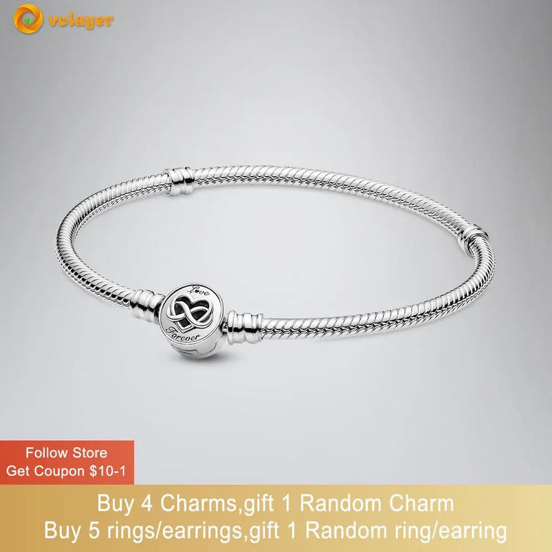 925 Silver Heart Infinity Clasp Bracelet Women DIY Jewelry