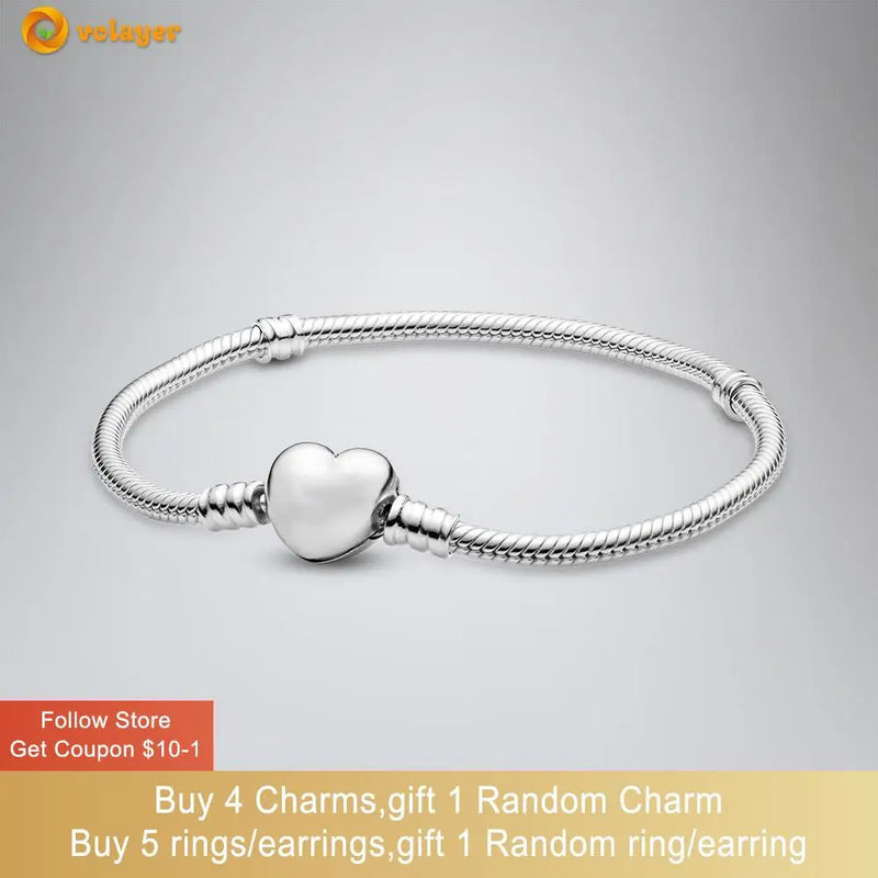 925 Silver Bracelet Heart Snake Chain Friendship Bangles for Women