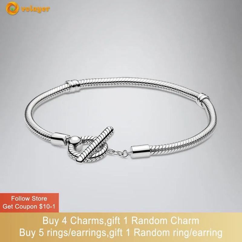 925 Sterling Silver Bracelet T-bar Snake Chain