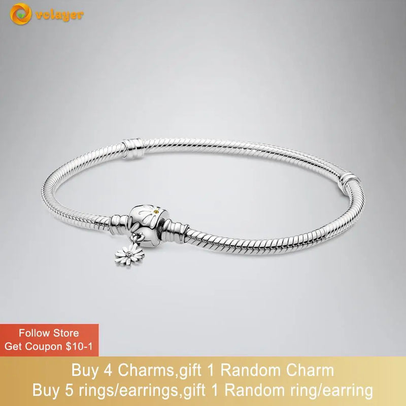 925 Silver Snake Chain Bracelet Flower Clasp Bangle for Women