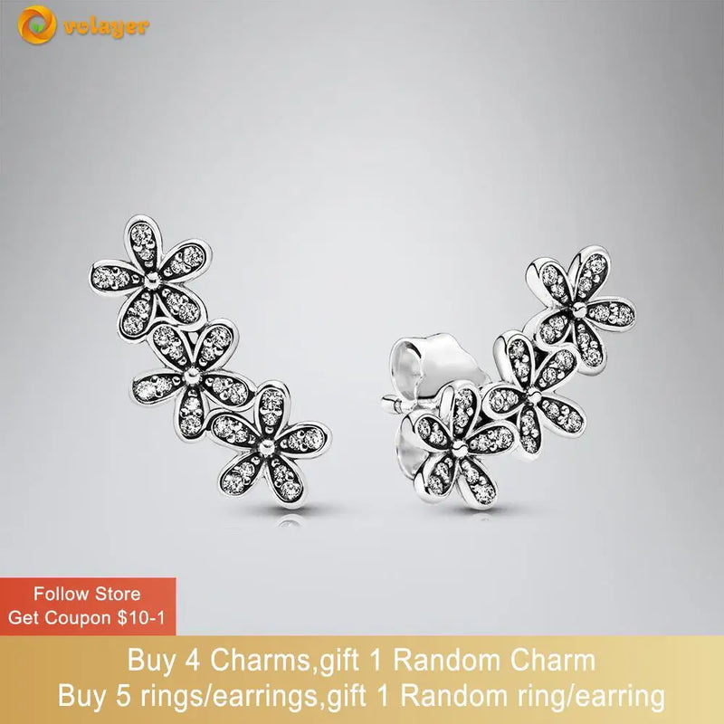 925 Silver Daisy Flower Stud Earring CZ Statement Women Earrings