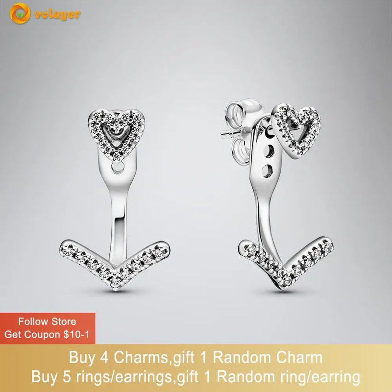 925 Silver Wishbone Heart Stud Earrings CZ Statement Women Gift