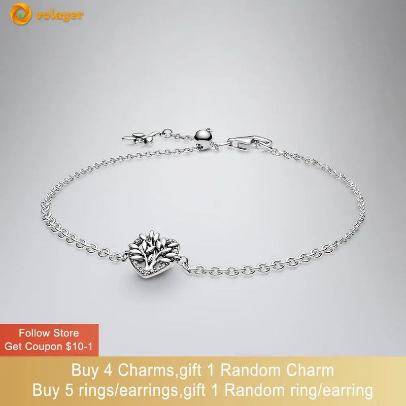 925 Silver Heart Family Tree Chain Bracelet for Women