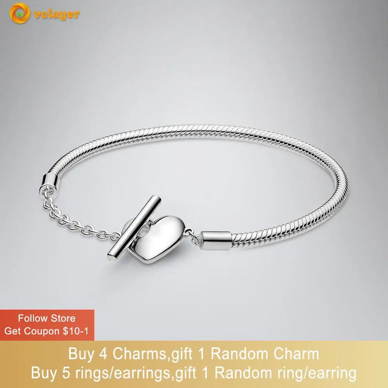 925 Silver Heart T-Bar Chain Bracelet for Women