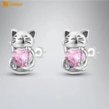 925 Silver Pink Cat CZ Stud Earrings for Women