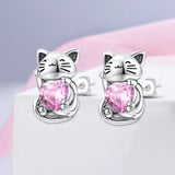 925 Silver Pink Cat CZ Stud Earrings for Women