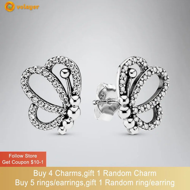 925 Silver Butterfly Stud Earrings CZ Statement Women Earrings