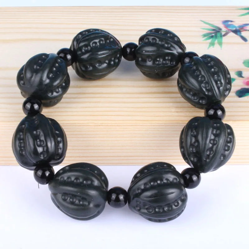 Natural Dark Green Hetian Jade Bracelet Carved Walnut Beads Men Women