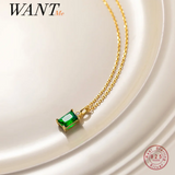 925 Silver Green Square Zircon Chain Pendant Necklace for Women