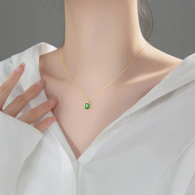 925 Silver Green Square Zircon Chain Pendant Necklace for Women