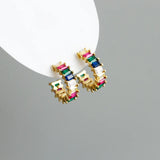 925 Silver Square Rainbow Zircon Stud Earrings Bohemian Charm Jewelry
