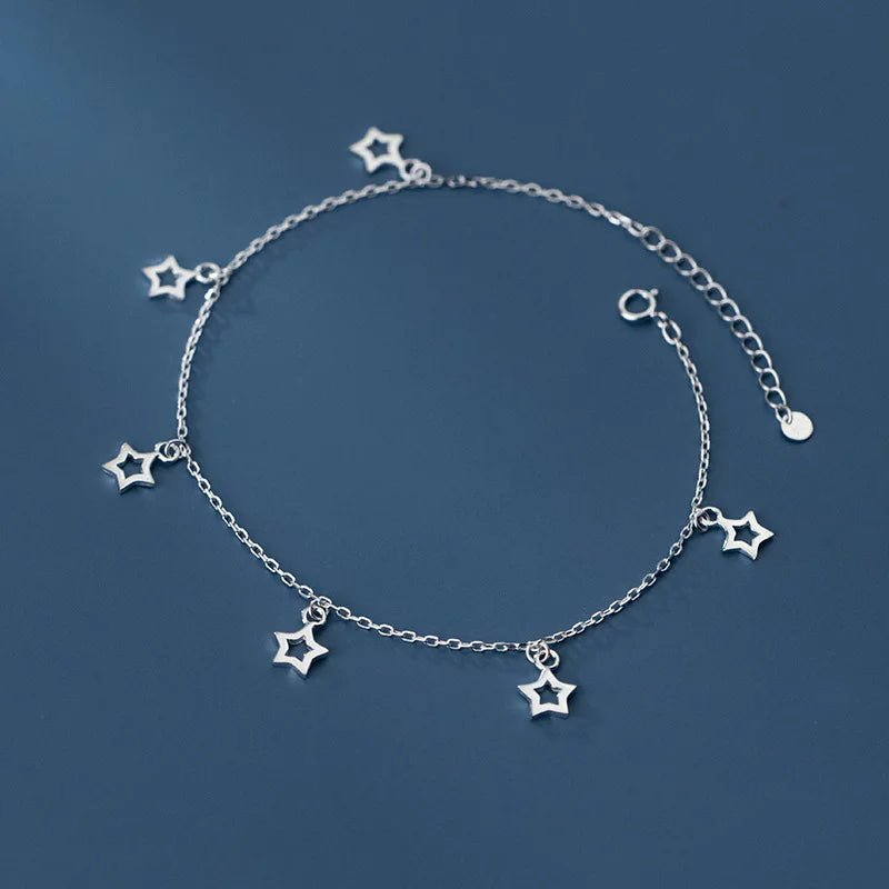 925 Silver Star Cuban Chain Charm Anklet for Women