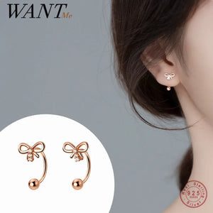 925 Sterling Silver Romantic Bow Thread Beads Earrings for Women