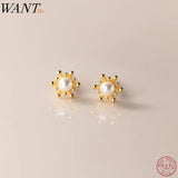 925 Silver Snowflake Pearl Stud Earrings Women Teen Piercing Jewelry