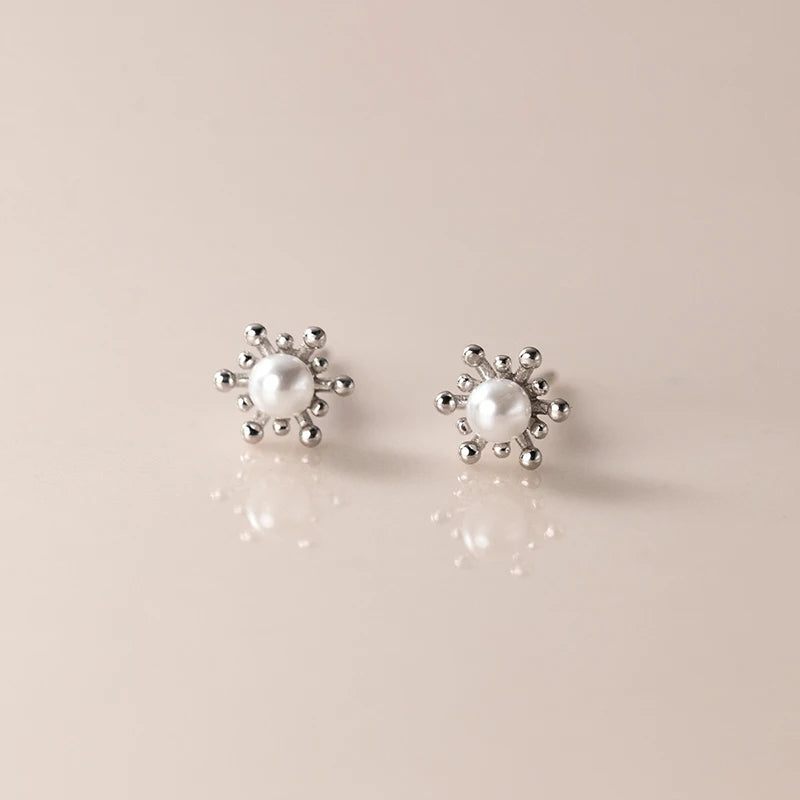 925 Silver Snowflake Pearl Stud Earrings Women Teen Piercing Jewelry