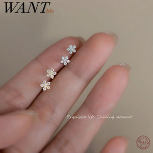 925 Silver Flowers Zircon Stud Earrings Romantic Party Jewelry