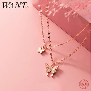 925 Silver Double Clavicle Choker Butterfly Necklace for Women