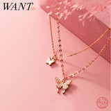 925 Silver Double Clavicle Choker Butterfly Necklace for Women