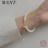 925 Silver Baroque Pearl Bell Chain Bracelet Wedding Jewelry