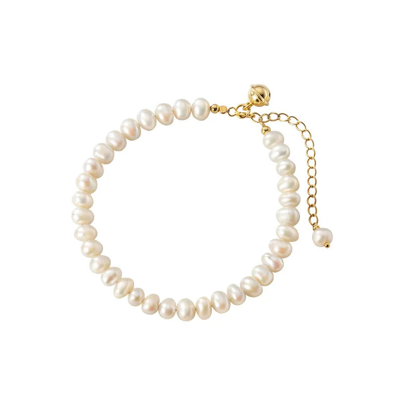 925 Silver Baroque Pearl Bell Chain Bracelet Wedding Jewelry