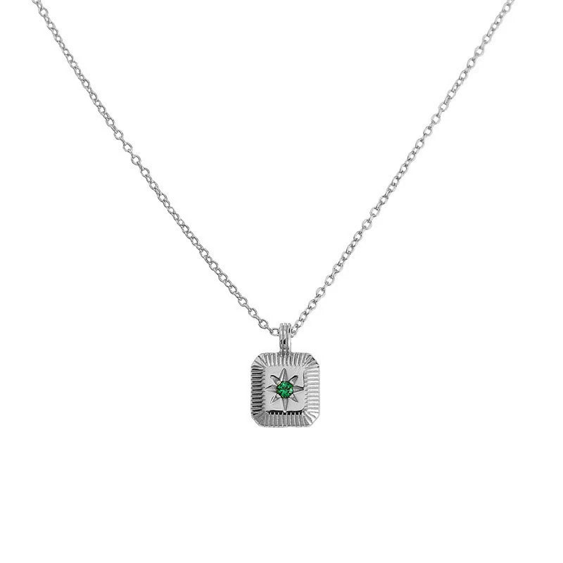 925 Silver Ray Star Pendant Green Zircon Necklace