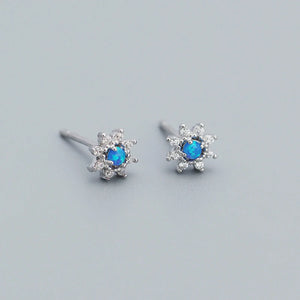 925 Silver Opal Zircon Floral Stud Earrings Romantic Flower Piercing