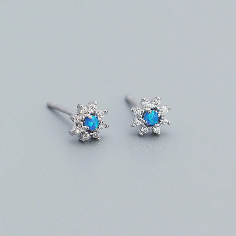 925 Silver Opal Zircon Floral Stud Earrings Romantic Flower Piercing
