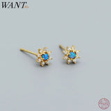 925 Silver Opal Zircon Floral Stud Earrings Romantic Flower Piercing