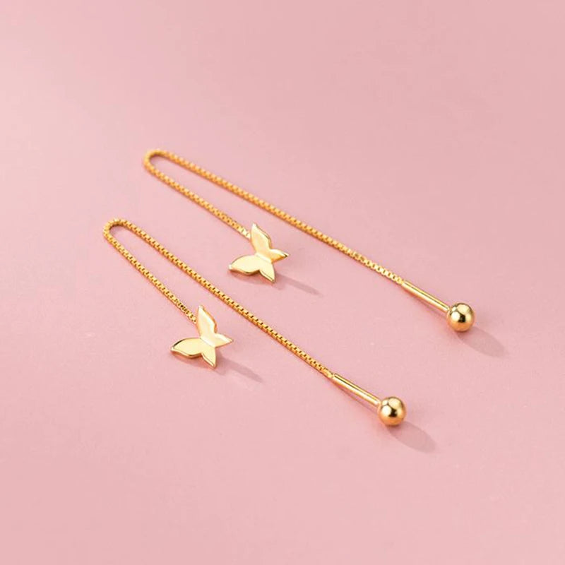 925 Silver Love Flower Butterfly Ear Line Drop Earrings