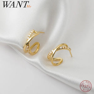 925 Silver Cross Zircon Stud Earrings for Women Punk Party Golden Jewelry